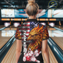 Load image into Gallery viewer, Woman Wearing Smoke American Flag Phoenix Bowling Polo Shirt Back View Patriotic Bowling Team Jersey