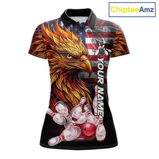 Smoke American Flag Phoenix Bowling Polo Shirt For Women Custom Patriotic Bowling Team Jersey Design