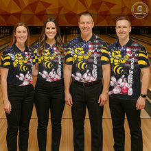 Load image into Gallery viewer, Bowling Team Wearing Smoke American Flag Funny Bee Bowling Polo Shirts Front View