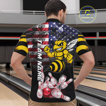 Man Wearing Smoke American Flag Funny Bee Bowling Quarter Zip Shirt Back View Patriotic Bowling Team Jersey