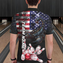 Load image into Gallery viewer, Man Wearing Smoke American Flag Scorpion Bowling Polo Shirt Back View Patriotic Bowling Team Jersey