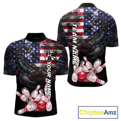 Smoke American Flag Scorpion Bowling Quarter Zip Shirt For Men Custom Patriotic Bowling Team Jersey