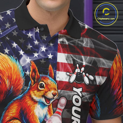 Close Up Of Smoke American Flag Squirrel Bowling Polo Shirt Collar Chest And Button Details
