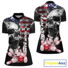 Load image into Gallery viewer, 3. Smoke American Flag Skull Bowling Quarter Zip Shirt For Women Custom Patriotic Bowling Team Jersey