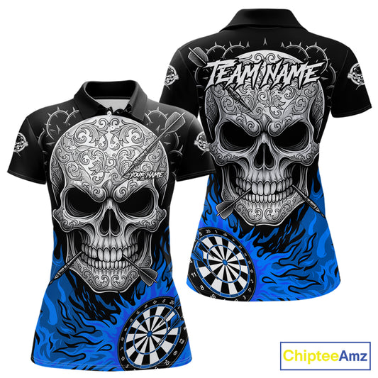 Black And Blue Flaming Skull Darts Shirt For Women Custom Darts League Jersey Team Polo & 1/4 Zip TDM5436