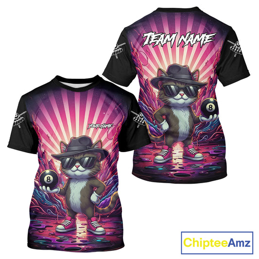Funny Cat 8 Ball Billiard T-Shirt For Men Custom Neon Graffiti Billiard Jersey, Billiard Gifts TDM5444