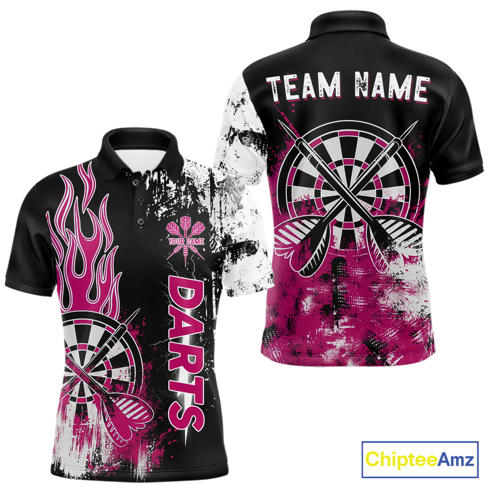 Personalized Pink Grunge Mens Dart Shirts Custom Dart Jerseys Team Polo & 1/4 Zip, Darts Uniform TDM5701