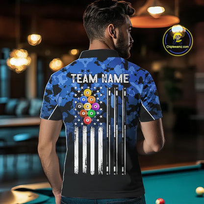 9 Ball Pool Blue Camo Custom Billiard Shirts For Men, Patriotic US Flag Billiard Team Jerseys TDM5711