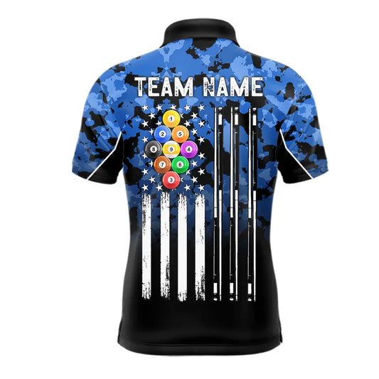 9 Ball Pool Blue Camo Custom Billiard Shirts For Men, Patriotic US Flag Billiard Team Jerseys TDM5711