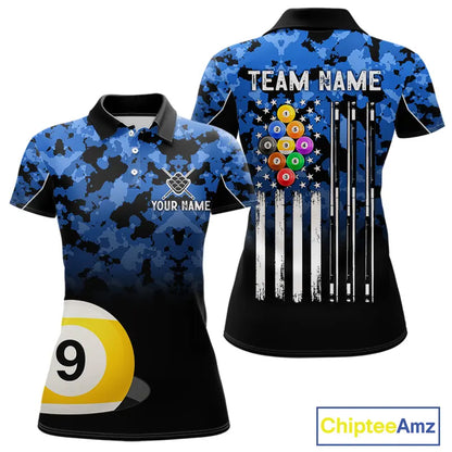 9 Ball Pool Blue Camo Custom Billiard Shirts For Women, Patriotic US Flag Billiard Team Jerseys TDM5711
