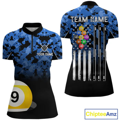 9 Ball Pool Blue Camo Custom Billiard Shirts For Women, Patriotic US Flag Billiard Team Jerseys TDM5711