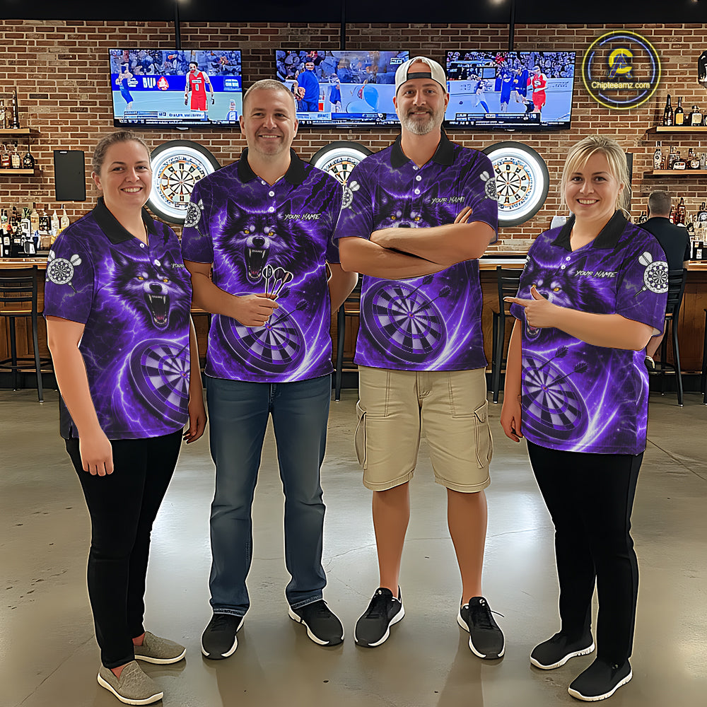 Personalized Purple Dartboard Lightning Wolf Darts Shirt For Men, Darts Team Jersey Polo & 1/4 Zip TDM5919