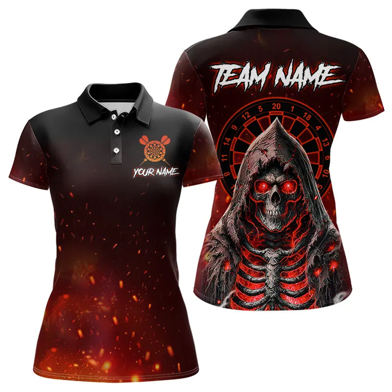 Red And Black Glowing Fire Death Skeleton Dart Shirts For Women Custom Dart Jerseys Polo & 1/4 Zip TDM3712