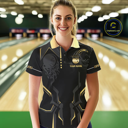Custom Black And Gold Bowling Shirt For Women, Bowling Tournament Team Jersey Polo & 1/4 Zip TDM6318