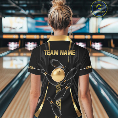 Custom Black And Gold Bowling Shirt For Women, Bowling Tournament Team Jersey Polo & 1/4 Zip TDM6318