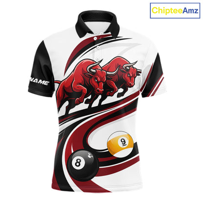 Custom Red 8 Ball & 9 Ball Pool Bull Billiard Shirt For Men, Billiard Team Jersey Polo & 1/4 Zip TDM6493
