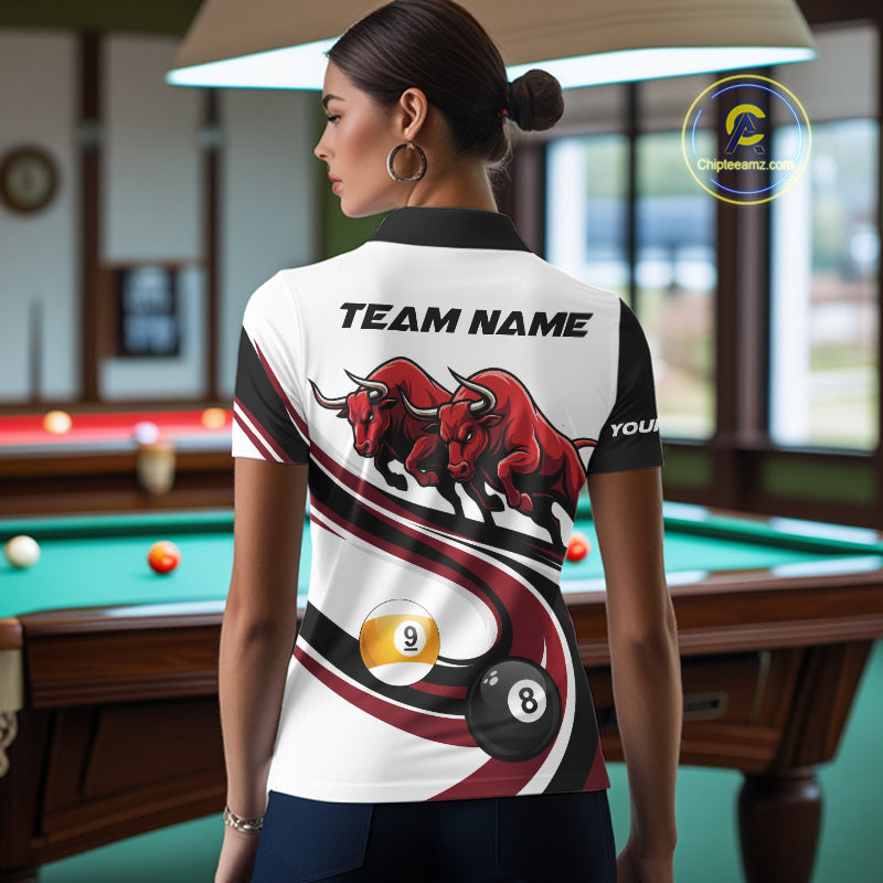 Custom Red 8 Ball & 9 Ball Pool Bull Billiard Shirt For Women, Billiard Team Jersey Polo & 1/4 Zip TDM6493