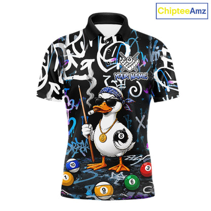 Colorful Graffiti Funny Duck 8 Ball Billiard Shirt For Men Custom Pool Team Jersey Polo & 1/4 Zip TDM6497