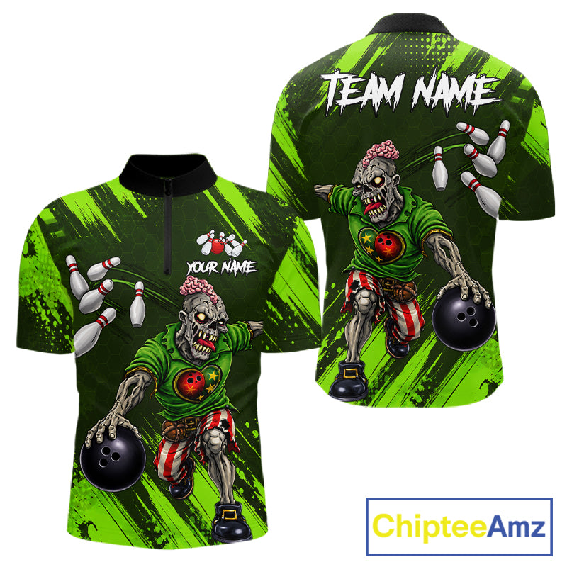 Custom Green Funny Zombie Bowling Shirt For Men, Bowling Team League Jersey Polo & Quarter Zip TDM6498