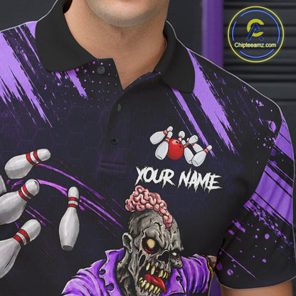 Custom Purple Funny Zombie Bowling Shirt For Men, Bowling Team League Jersey Polo & Quarter Zip TDM6499