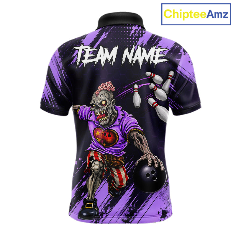 Custom Purple Funny Zombie Bowling Shirt For Men, Bowling Team League Jersey Polo & Quarter Zip TDM6499