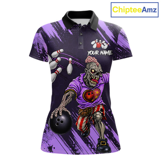 Custom Purple Funny Zombie Bowling Shirt For Women, Bowling Team League Jersey Polo & Quarter Zip TDM6499