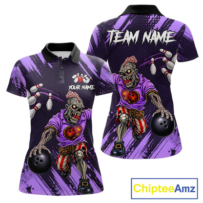 Custom Purple Funny Zombie Bowling Shirt For Women, Bowling Team League Jersey Polo & Quarter Zip TDM6499