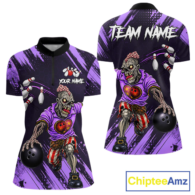 Custom Purple Funny Zombie Bowling Shirt For Women, Bowling Team League Jersey Polo & Quarter Zip TDM6499