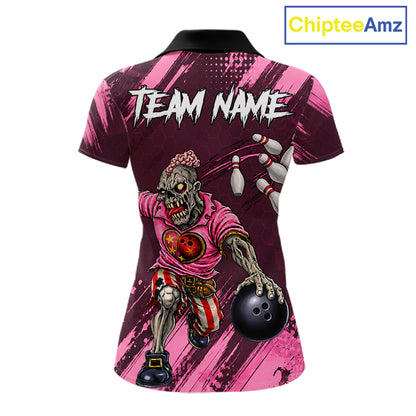 Custom Pink Funny Zombie Bowling Shirt For Women, Bowling Team League Jersey Polo & Quarter Zip TDM6500