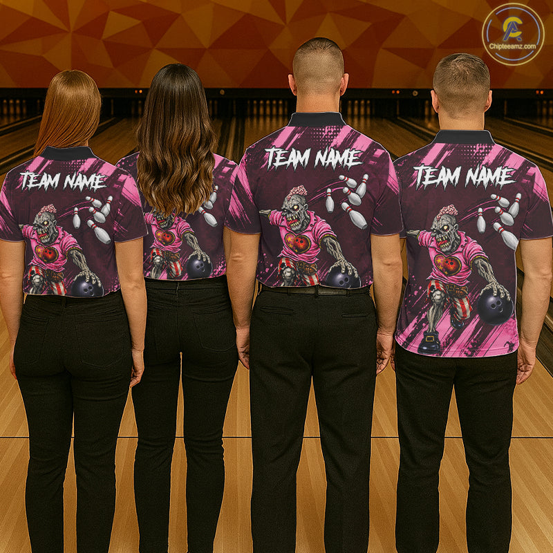 Custom Pink Funny Zombie Bowling Shirt For Men, Bowling Team League Jersey Polo & Quarter Zip TDM6500