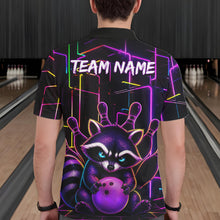 Load image into Gallery viewer, Back view of man wearing a funny purple neon raccoon bowling polo shirt inside a bowling alley.