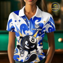 Load image into Gallery viewer, Woman wearing red funny 8 ball pool graffiti billiard team jersey polo shirt featuring colorful graffiti artwork, front view.