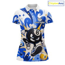 Load image into Gallery viewer, Red funny 8 ball pool graffiti billiard team jersey polo shirt for women featuring colorful graffiti artwork, premium custom pool league apparel for tournaments, league matches and competitive billiard players.