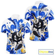 Load image into Gallery viewer, Blue funny 8 ball pool graffiti billiard team jersey polo shirt for men featuring colorful graffiti artwork, premium custom pool league apparel for tournaments, league matches and competitive billiard players.