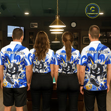 Load image into Gallery viewer, Billiard team wearing matching blue funny 8 ball pool graffiti team jerseys featuring vibrant street art graphics, back view.