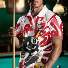 Load image into Gallery viewer, Man wearing red funny 8 ball pool graffiti billiard team jersey polo shirt featuring colorful graffiti artwork, front view.