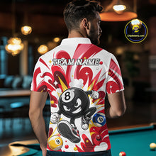 Load image into Gallery viewer, Man wearing red funny 8 ball pool graffiti billiard team jersey polo shirt featuring colorful graffiti artwork, back view.
