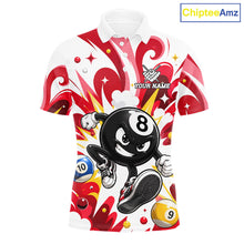 Load image into Gallery viewer, Red funny 8 ball pool graffiti billiard team jersey polo shirt for men featuring colorful graffiti artwork, premium custom pool league apparel for tournaments, league matches and competitive billiard players.