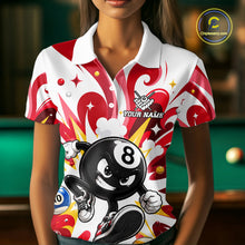 Load image into Gallery viewer, Woman wearing red funny 8 ball pool graffiti billiard team jersey polo shirt featuring colorful graffiti artwork, front view.