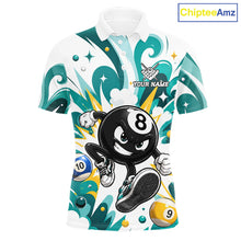 Load image into Gallery viewer, Teal funny 8 ball pool graffiti billiard team jersey polo shirt for men featuring colorful graffiti artwork, premium custom pool league apparel for tournaments, league matches and competitive billiard players.