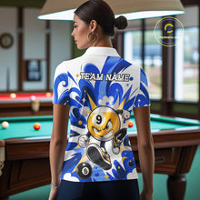 Load image into Gallery viewer, Woman wearing blue funny graffiti 8 ball and 9 ball pool billiard team jersey polo shirt featuring colorful graffiti artwork, back view.