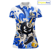 Load image into Gallery viewer, Blue funny graffiti 8 ball and 9 ball pool billiard team jersey polo shirt for women featuring colorful street art graphics, premium custom pool league apparel for tournaments and competitive billiard teams.
