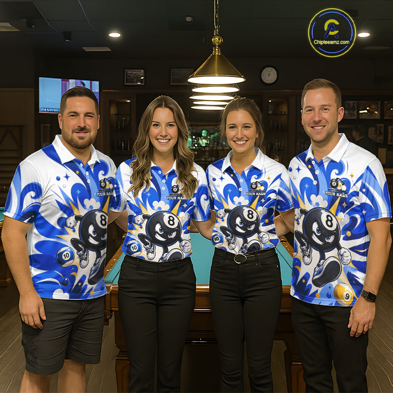 Billiard team wearing matching funny silver 9 ball pool team jerseys featuring playful billiard graphics, front view.