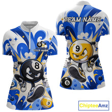Load image into Gallery viewer, Blue funny graffiti 8 ball and 9 ball pool billiard team jersey quarter zip shirt for women featuring vibrant graffiti artwork, premium custom billiard league apparel.