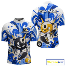 Load image into Gallery viewer, Funny silver 9 ball pool billiard team jersey quarter zip shirt for men featuring a playful 9 ball graphic, premium custom billiard league apparel for competitive players.