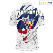 Load image into Gallery viewer, Black grunge Texas flag 8 ball pool billiard team jersey polo shirt for men featuring distressed Texas flag artwork with bold patriotic styling, premium custom pool league apparel for tournaments, league play and competitive billiard teams.