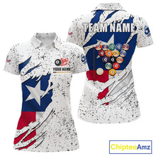 Load image into Gallery viewer, Black grunge Texas flag 8 ball pool billiard team jersey polo shirt for women featuring distressed Texas flag artwork with bold patriotic styling, premium custom pool league apparel for tournaments, league play and competitive billiard teams.