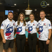 Load image into Gallery viewer, Billiard team wearing matching black grunge Texas flag 8 ball pool team jerseys featuring patriotic distressed artwork, front view.
