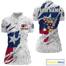 Load image into Gallery viewer, Black grunge Texas flag 8 ball pool billiard team jersey quarter zip shirt for women featuring distressed patriotic Texas flag graphics, premium custom billiard league apparel for tournament competition.