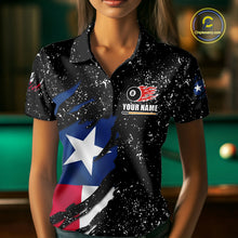 Load image into Gallery viewer, Woman wearing white grunge Texas flag 8 ball pool billiard team jersey polo shirt featuring distressed patriotic Texas flag artwork, front view.